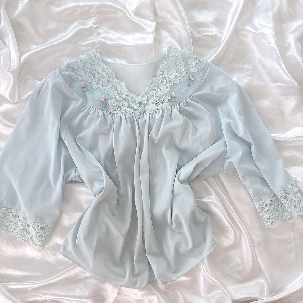 Vintage Pastel Blue Lace Trim Nightgown Top Embroidered Rose Bed Jacket
